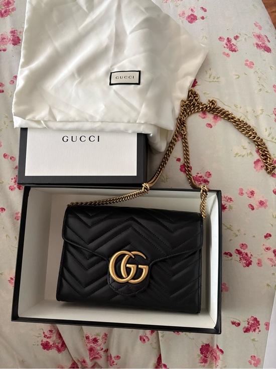 Gucci Handbags - Gucci Black GG Marmont Chevron Crossbody with Gold Chain